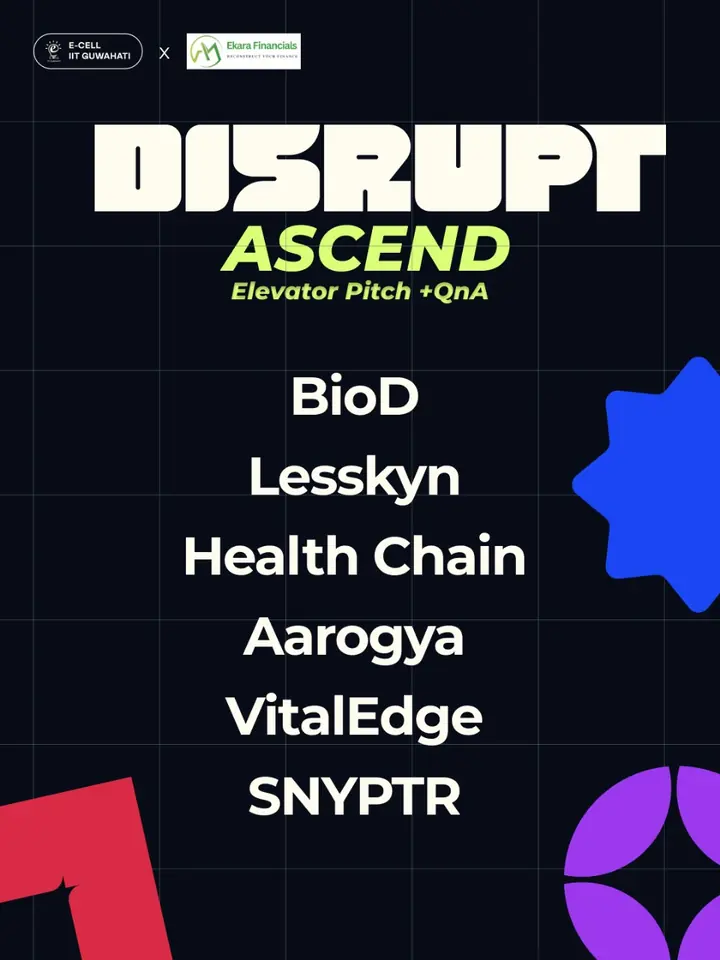 Disrupt ASCEND results poster listing six startups, including VitalEdge