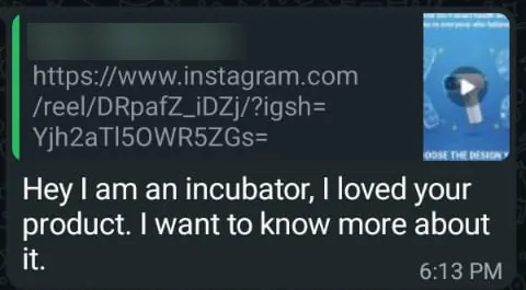 Screenshot of the incubator's message, with the sender's name blurred
